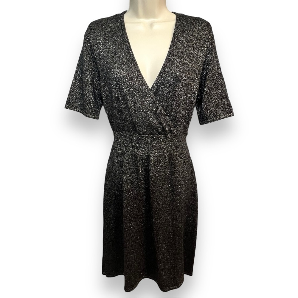 Liz Claiborne Women’s Faux Wrap Sweater Dress Black/Gold Lurex Size Medium